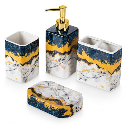 4 Piece Bathroom Accessories Set - Blue Bathroom Accessory Sets Includes Lotion Dispenser, Toothbrush Holder Tumbler, and Soap Dish - Glossy Finish (Marble, Blue) - color: Blue