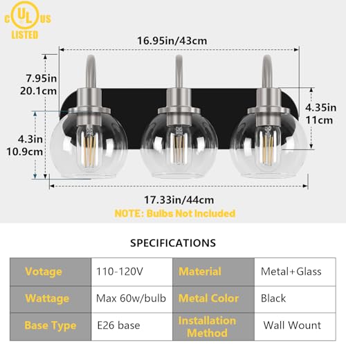 Dpyrrhic Modern 3-Light Vanity Light, Bathroom Lighting Fixture Over Mirror With Clear Glass Shade and Metal Base, Matte Black and Brushed Nickel - color: Black & Brushed Nickel, size: 3-Light