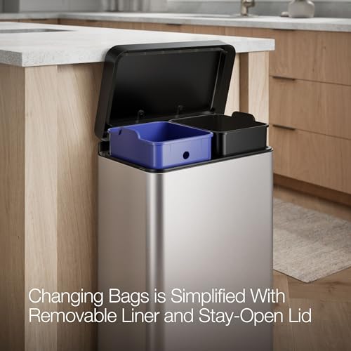 Kohler 20956-ST 11 Gallon Hands-Free Dual Compartment Recycling Kitchen Step, Trash Can with Foot Pedal, Quiet-Close Lid, Stainless Steel - color: Stainless Steel, size: 11 Gallon - Dual Compartment