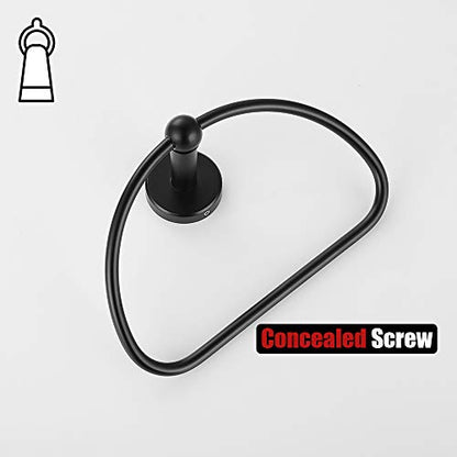 JQK Towel Ring Matte Black, Stainless Steel Half Ring Towel Holder for Bathroom, 7 Inch Brushed Finished Wall Mount, TR160-PB - color: Black