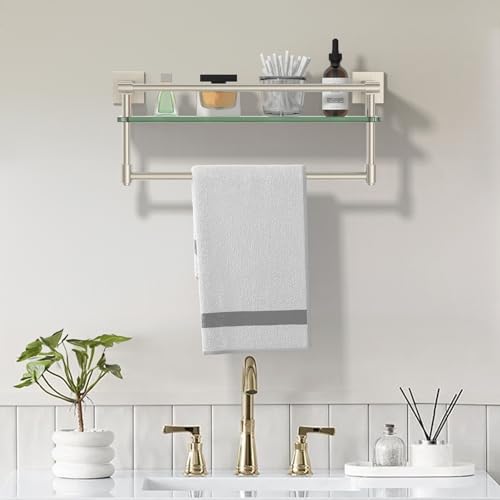 16-Inch Modern Glass Shelf with Towel Bar, 1-Shelf, Brushed Nickel Finish, Wall Mount, Bathroom Organizer - color: Brushed Nickel, size: 16-inch with Railing