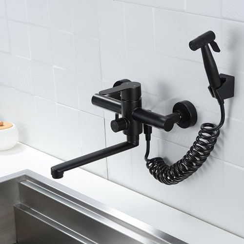 Kitchen Sink Wall Mount Faucet, Matte Black Commercial Faucet with Side Sprayer, Stainless Steel Mixer Tap, Unility Sink Faucet, 7.5-8.5 Inches Center, Spout Reach 9.2" - color: A Style, Matte Black