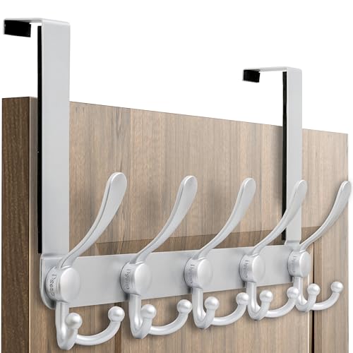Over Door Hook 2.0 - Upgraded Version - Simple-Assembly, Strong, Heavy-Duty Stainless Steel 5-Tri-Hook Over The Door Hanger Rack, SimpleStrong Series, Silver - color: Silver
