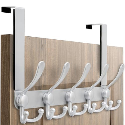Over Door Hook 2.0 - Upgraded Version - Simple-Assembly, Strong, Heavy-Duty Stainless Steel 5-Tri-Hook Over The Door Hanger Rack, SimpleStrong Series, Silver - color: Silver