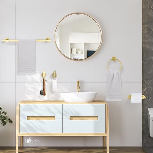 TURS Brushed Gold 5 Piece Bathroom Hardware Set, SUS304 Stainless Steel Bath Towel Bar Set, 23.6 Inch Round Bathroom Accessories Kit Wall Mounted - color: Brushed Gold