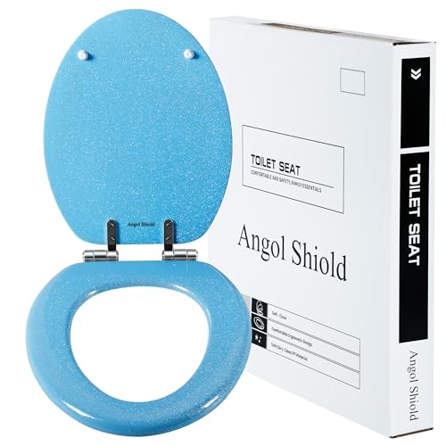 Angol Shiold Glitter Toilet Seat Molded Wood Elongated Toilet Seat with Quietly Close and Quick Release Hinges, Easy to Clean also Easy to Install (Elongated 18.5'', Blue) - color: Blue, size: Elongated 18.5‘’