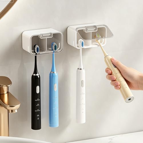 MOPMS Toothbrush Holders for Bathrooms with 2 Slot Independent Compartment | 3PCS Electric Toothbrush Holder Wall Mounted for Shower, Toothbrush Dispenser Storage Organizer with Cover for Family - color: Grey