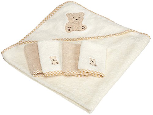 Spasilk 5-Piece Soft Terry Hooded Bath Towel and Washcloth Set, 1 Baby Towel and 4 Baby Washcloths for Newborn Boys and Girls, Brown Bear