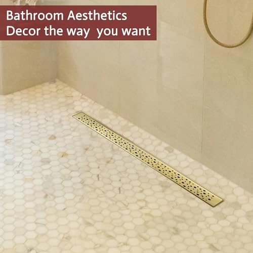 Linear Shower Drain, 48 inch Brushed Gold | Including Hair Catcher and Removable Grate, 304 Stainless Steel, Easy to Install and Clean (Drain Base Not Included) - color: Brushed Gold, size: 48 inch