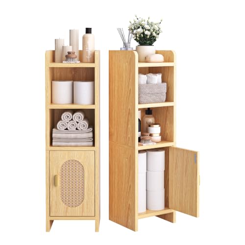Small Bathroom Storage Cabinet, Narrow and Slim Storage Cabinet with Rattan Door and Adjustable Shelves, Corner Floor Bathroom Organizers and Storage for Small Space, Natural HSC001N - color: Natural