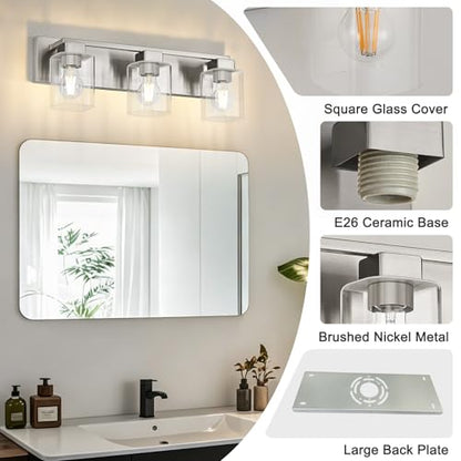 21.6 Inch Brushed Nickel Bathroom Light Fixtures, with Clear Glass Shade | 3-Light Bathroom Lighting Fixtures Over Mirror, Modern Wall Light, bathroom vanity light E26 Socket, ETL - color: Brushed Nickel, size: 3-Light