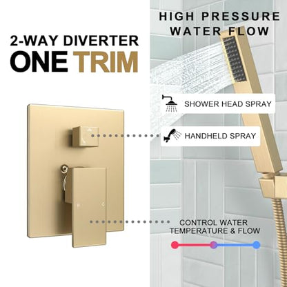 Lava Odoro Modern 2-Setting Square Shower Faucet Set with Shower Head and Handheld Sprayer Gold, Rainfall Shower System with Hand Shower, Shower Valve Trim Kit, Champagne Gold, SF103-CB - color: Champagne Gold, style: Without Tub Spout