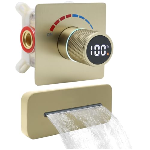 Temperature Display Shower Valve with Wall Mounted Waterfall Tub Faucet Kit Waterfall Tub Spout One Way Shower Deliver Valve - color: Brushed Gold, style: Adjustable bathtub faucet