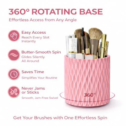 Pink Makeup Brush Holder, 360° Rotating Makeup Organizer | Cute 5-slot spinning vanity caddy for makeup brushes, lipstick & hair accessories — bathroom, dorm & office desk - style: Pink