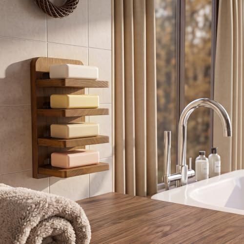 Natural Wood 4-Tier Bar Soap Holder, Tilted Self-draining Wall Mounted Soap Tower Tray with 4 Strong Adhesive Strips, 8.27" x 4.72" x 3.54" Rustic Wooden Soaps Organizer for Shower & Sink