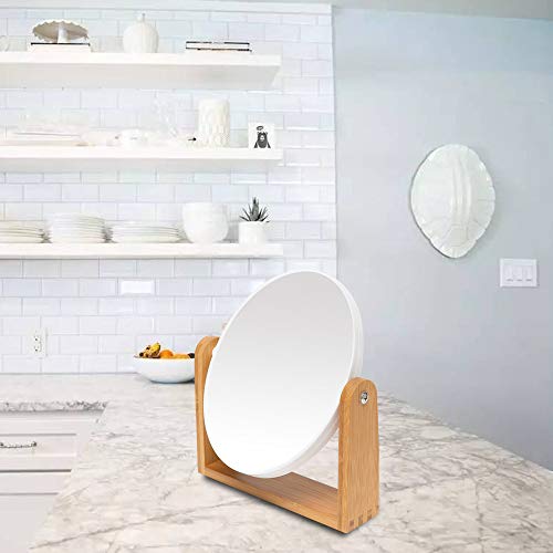 YEAKE Vanity Makeup Mirror with Natural Bamboo Stand, 8 Inch Double Sided 3X Magnification Swivel Mirror for Bathroom & Desk - color: White-oval (1x,3x)
