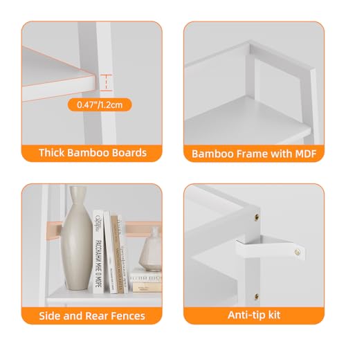 HITNET Ladder Shelf, 4 Tier Bookshelf, Floor Standing Bathroom Storage Rack with Bamboo Frame, Home Office Open Display Bookcase, White - color: White