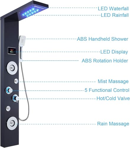 ELLO&ALLO LED Rainfall Waterfall Shower Head Rain Massage System with Body Jets Stainless Steel Bathroom Shower Panel Tower System, Brushed Black