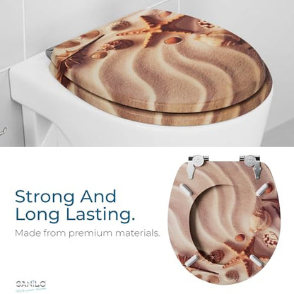 SANILO Wooden Toilet Seat with Soft Close [ROUND] - Decorative, Quiet & Slow Close Molded Wood Seat - With Strong Bumpers & Hinges - Adjustable Fit – Sanibel - color: Sanibel