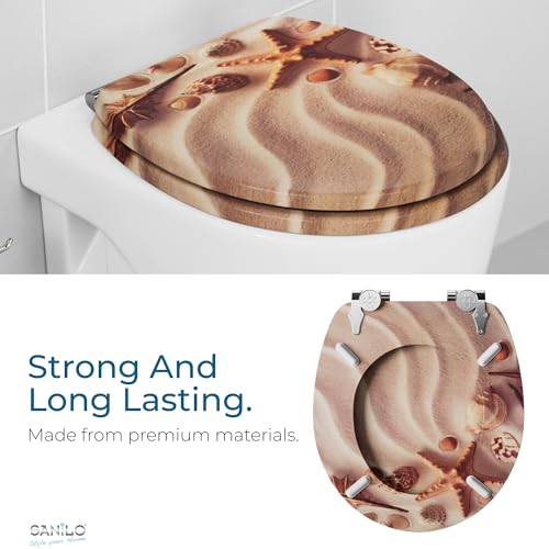 SANILO Wooden Toilet Seat with Soft Close [ROUND] - Decorative, Quiet & Slow Close Molded Wood Seat - With Strong Bumpers & Hinges - Adjustable Fit – Sanibel - color: Sanibel