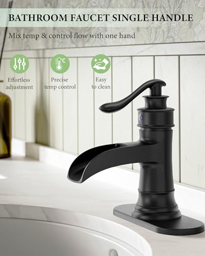 Black Bathroom Faucet Matte Waterfall Sink Farmhouse Vanity Single Hole | Faucets One Handle Basin Antique centerset with Pop Up Drain Stopper Mixer Tap Overflow Supply Line by Homevacious - color: Matte Black