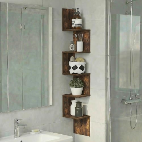 Furinno Rossi Corner Floating Shelves for Wall, 5-Tier Corner Square Wall Shelf, S-Shape Radial Floating Book Shelf, Easy Assembly, for Bathroom, Bedroom, Living Room, Amber Pine - color: Amber Pine, size: 5-Tier Square