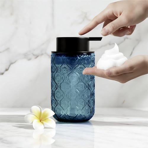 13.5 oz Glass Soap Dispenser, Luxurious Floral Embossed Glass Bathroom Countertop Foaming Pump for Kitchen Vanity (Blue) - color: Blue