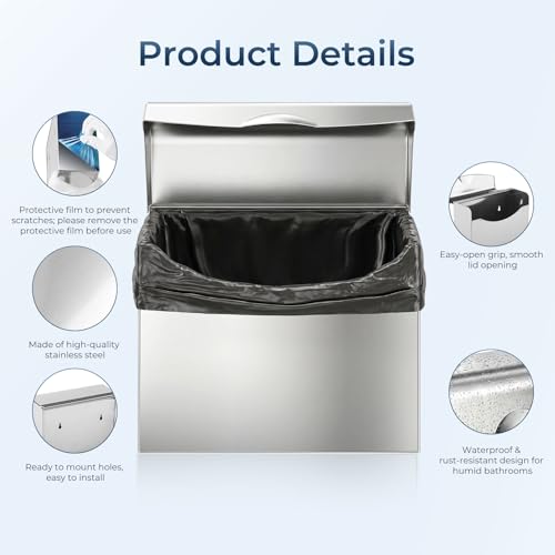 Sanitary Napkin Disposal Receptacle,9.4x7.8x3.5 inch Stainless Steel Wall Mounted Feminine Hygiene Waste bin with Disposable Sanitary Bags and Trash Bag Set for Bathroom,Office(Silver) - color: Silver