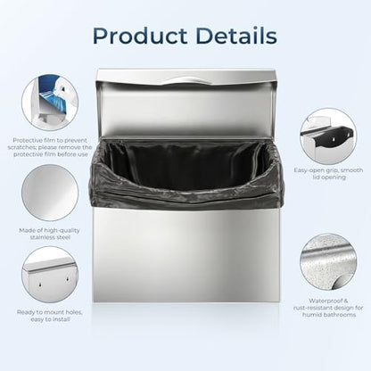Sanitary Napkin Disposal Receptacle,9.4x7.8x3.5 inch Stainless Steel Wall Mounted Feminine Hygiene Waste bin with Disposable Sanitary Bags and Trash Bag Set for Bathroom,Office(Silver) - color: Silver