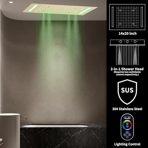 Bathroom Shower System,4 Functions Digital Temperature Display Diverter Valve,Ceiling 14x20" 2-Function Shower Head and 8 inch Wall Mounted Shower Head Combo,Handheld Shower Brushed gold - color: Brushed gold
