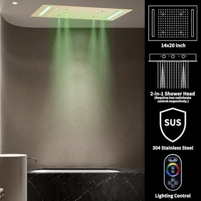 Bathroom Shower System,4 Functions Digital Temperature Display Diverter Valve,Ceiling 14x20" 2-Function Shower Head and 8 inch Wall Mounted Shower Head Combo,Handheld Shower Brushed gold - color: Brushed gold
