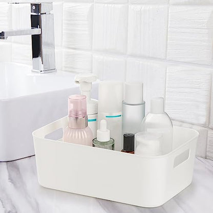 Peohud 5 Pack White Plastic Storage Bins, Pantry Organization and Storage Baskets with Handles, Open Plastic Storage Container for Home, Kitchen, Office, Shelves, Cabinet, Under Sink Organizer