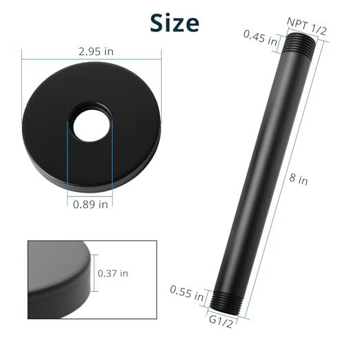 Straight Shower Arm with Flange, Ceiling Mount 8" Pipe, Matte Black | Neck Replacement, For High Pressure Fixed Rain Shower Head, 1/2" NPT, G1/2 - color: Round Matte Black 8 Inch