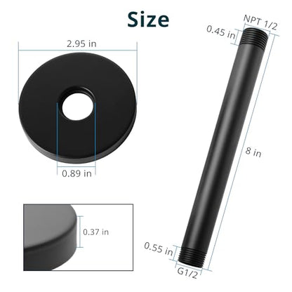 Straight Shower Arm with Flange, Ceiling Mount 8" Pipe, Matte Black | Neck Replacement, For High Pressure Fixed Rain Shower Head, 1/2" NPT, G1/2 - color: Round Matte Black 8 Inch