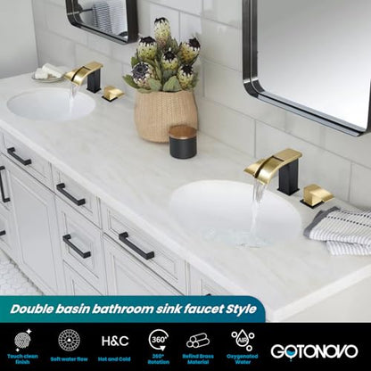 gotonovo Waterfall Bathroom Faucet 3 Hole Square Body,Brushed Gold&Black | SUS304 8’’ Widespread Bathroom Sink Faucet,2.17’’ Wide Spout,24’’ cUPC Hose,Pop Up Drain,2 Handle,Vanity,Lavatory,Basin,RV - color: Gold&Black