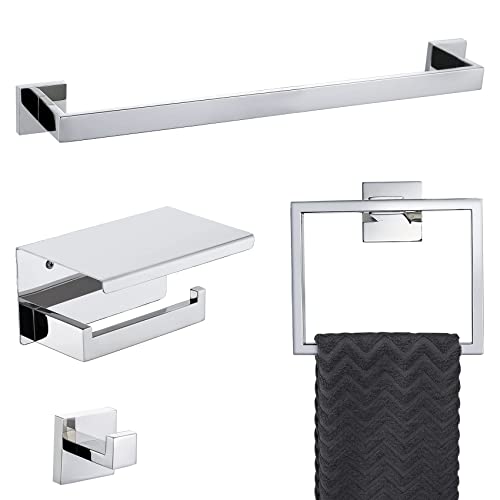 4-Piece Bathroom Hardware Set Chrome Bath Towel Bar Holder Sets Wall Mounted Stainless Steel Square Bathroom Accessory Kit, Polished Chrome 23.6 Inch - color: Polished Chrome, size: 4-Pieces Set-B