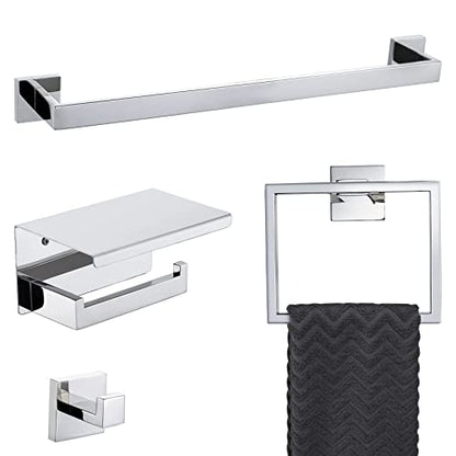 4-Piece Bathroom Hardware Set Chrome Bath Towel Bar Holder Sets Wall Mounted Stainless Steel Square Bathroom Accessory Kit, Polished Chrome 23.6 Inch - color: Polished Chrome, size: 4-Pieces Set-B