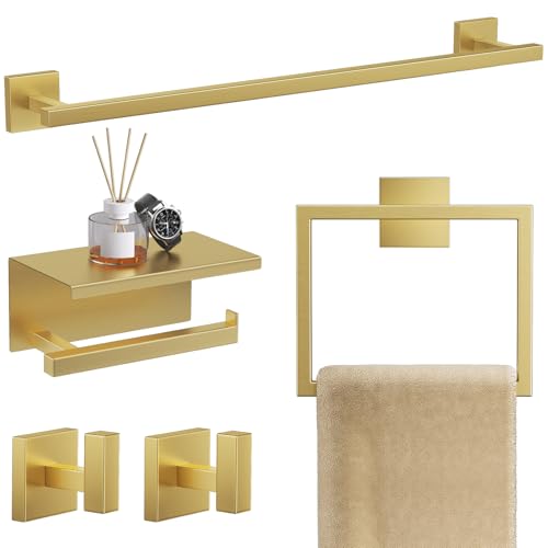 TQKAG 5-Pieces Brushed Gold Bathroom Hardware Accessories Set 23.6" SUS304 Stainless Steel Towel Bar Set Wall Mounted Square Toilet Paper Holder with Shelf - color: Brushed Gold, size: 5-Pieces Set-B
