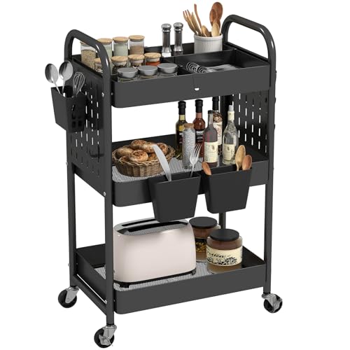 Craft Cart, Black Rolling Cart with Retractable Dividers & DIY Pegboards for Kitchen, Bedroom, Laundry - color: Black