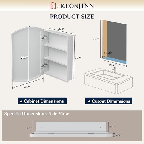 Keonjinn White Medicine Cabinet with Mirror 24” x 30”, Metal Framed Wall Cabinet with Beveled Mirror, Surface Mount or Recessed Medicine Cabinet for Bathroom, Bathroom Mirror with Storage | Metal Framed, Wall-Mounted or Recessed Bathroom Oval Medicine Cab