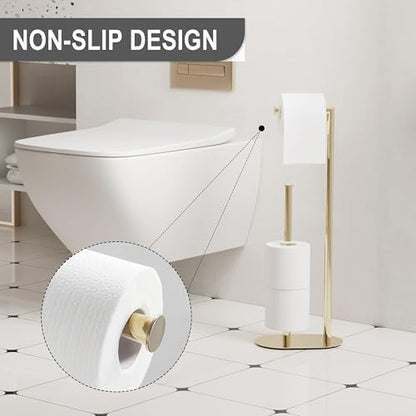 Gold Freestanding Toilet Paper Holder with Reserve for Bathroom with Weighted Base, Modern Tissue Roll Holder Stand - color: Gold