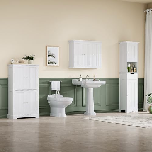 ChooChoo Laundry Cabinet with 3 Doors and Adjustable Shelves | 9.06"D x 31.1"W x 24"H, Bathroom Wall Cabinet, Cupboard, White - color: White, size: 9.06"D x 31.1"W x 23.4"H