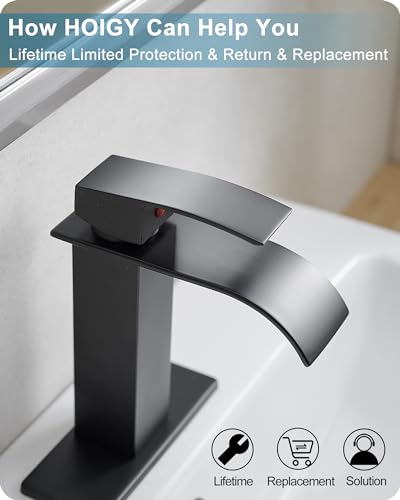 Matte Black Bathroom Faucet 1 Hole or 3 Hole (4 Inch), Brass Waterfall Faucet for Bathroom Sink, Modern Bathroom Faucets Single Handle with Deck Plate & Pop-up Drain Supply Hoses No Noise - color: Matte Black - Modern