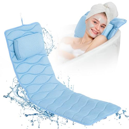 OMYSTYLE Full Body Bath Pillow, Bath Pillows for tub with Mesh Washing Bag & 21 Non-Slip Suction Cups, Spa Bathtub for Head Neck Shoulder and Back Support - 5D Air Mesh & Quick Drying | Blue - color: Blue