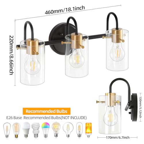 3 Light Bathroom Vanity Light, Black and Gold Bathroom Wall Light Fixtures with Clear Glass Shade, Modern Wall Sconces Wall Lamp Over Mirror Kitchen Living Room Bedroom Hallway Cabinet - color: Black Gold
