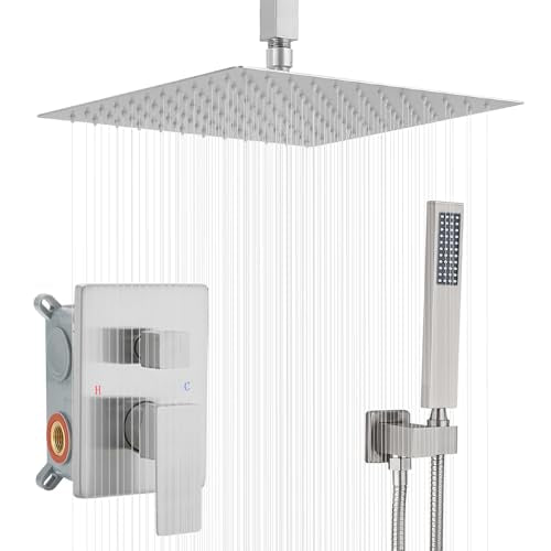 Brushed Nickel Shower System Bathroom 12 Inch Rain Shower Head Ceiling Mount with Handheld Luxury High Pressure Shower Combo Set Shower Faucet Rough-in Valve Body and Trim Kit - color: Brushed Nickel, size: 12 Inch