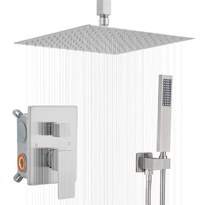 Brushed Nickel Shower System Bathroom 12 Inch Rain Shower Head Ceiling Mount with Handheld Luxury High Pressure Shower Combo Set Shower Faucet Rough-in Valve Body and Trim Kit - color: Brushed Nickel, size: 12 Inch