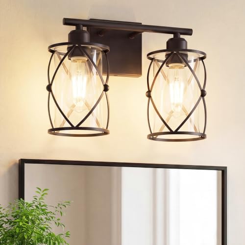 2-Light Oil Rubbed Bronze Bathroom Light Fixtures Over Mirror, 13.2" UL-Listed Modern Farmhouse Wall Sconce Lights with Clear Glass and Metal Cage for Bath, Hardwire E26, CH9176ORB-2W - color: Bronze + Clear Glass, size: 2-Light, 13.8" L