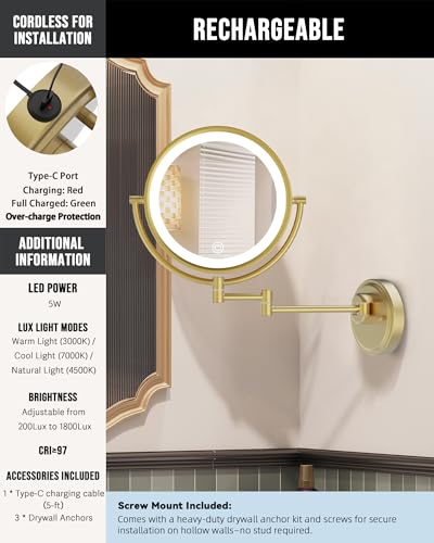 10" Brass Bathroom Large Wall Mount Makeup Mirror with Lights Extension Arm | Rechargeable, USB Charging, Touch Dimmable 3 Color LED Swing Shaving, 1/5X 2 Sided, Magnifying, Memory Function, Brushed Gold - color: Brushed Gold