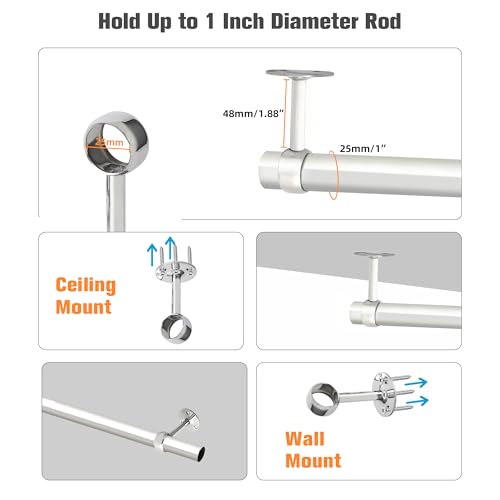 Alise Curtain Rod Holder Bracket 1''Dia,Closet Rod Holders Wall Mount,4Pcs | Ceiling Mounted Curtain Rod Flange Brackets,Ceiling Curtain Rods Brackets,for Bathroom Curtain,Stainless Steel,Chrome Finish - color: Chrome Finish, size: 25mm/1-Inch Dia.